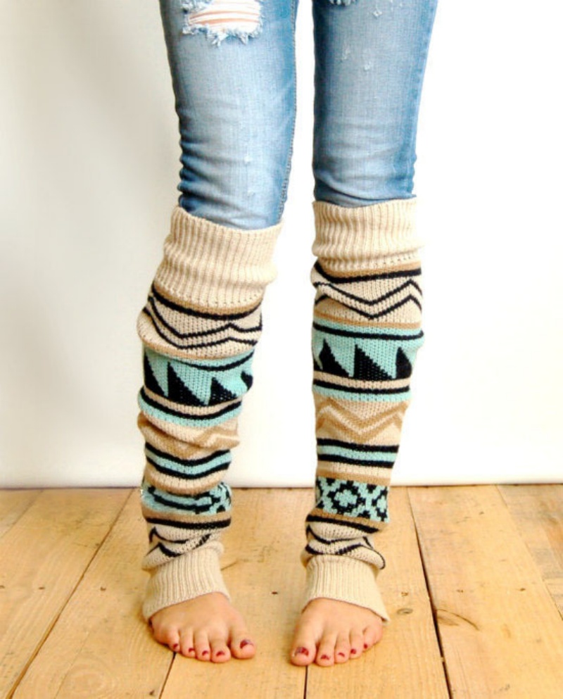 Geometric Pattern Knit Leg Warmers Womens Warm Patchwork Boot Socks